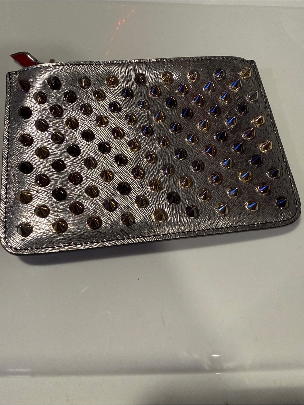 Christian Louboutin Silver Pyramid-Stud Zip Card Holder with Red Pull